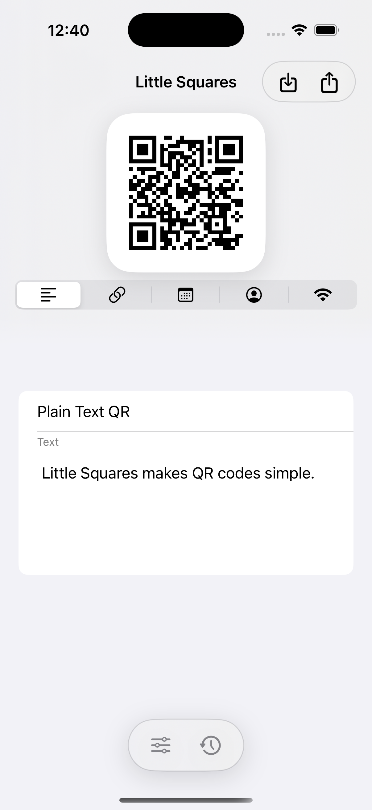 Little Squares app, Plain Text QR code